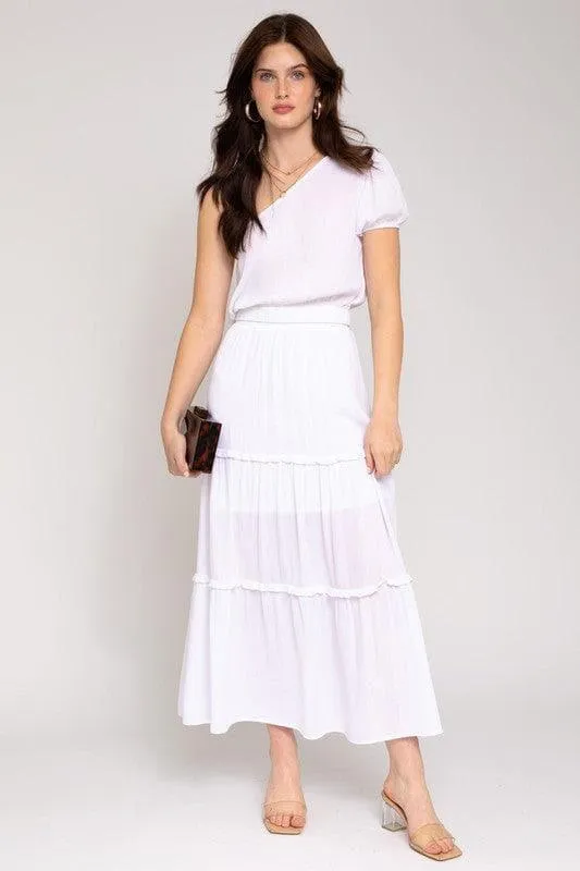 GILLI Elastic Waist Merrow Edge Tiered Midi Skirt