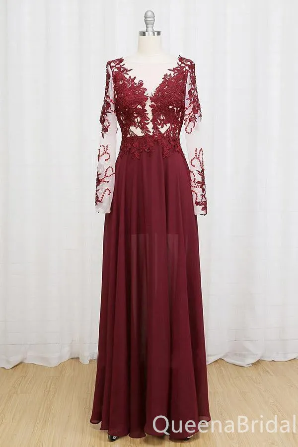 Gorgeous Stylish Illusion Long Sleeves Lace Appliques A-line Long Party Dress Prom Dresses ,WGP1822