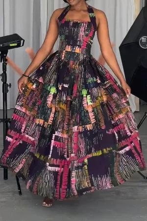 Graffiti Print Halter Collar Stylish Princess Maxi Dress
