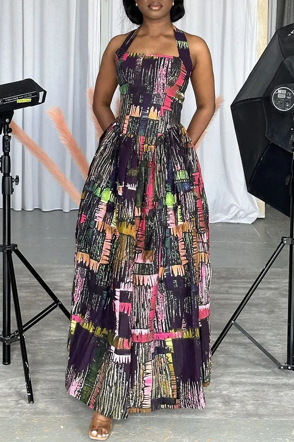 Graffiti Print Halter Collar Stylish Princess Maxi Dress