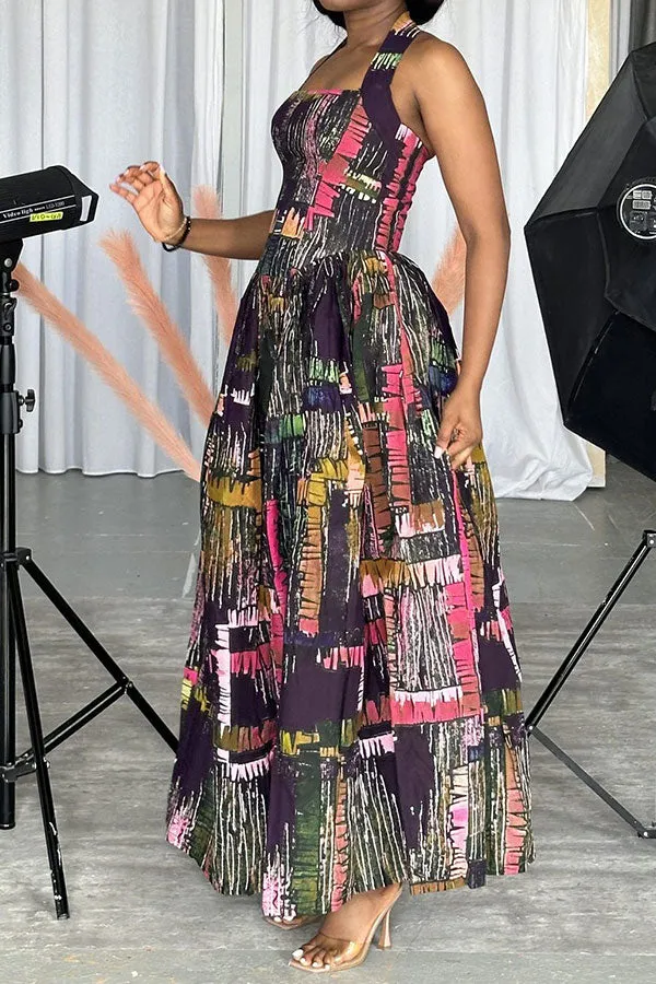 Graffiti Print Halter Collar Stylish Princess Maxi Dress