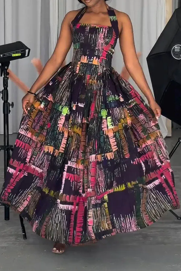 Graffiti Print Halter Collar Stylish Princess Maxi Dress