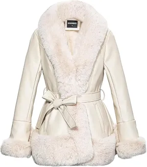 GRAN ORIENTE Women's Faux Leather Jacket with Faux Fur Collar, Winter Long Sleeve Furry Trim Peplum Parka Coat with Belt