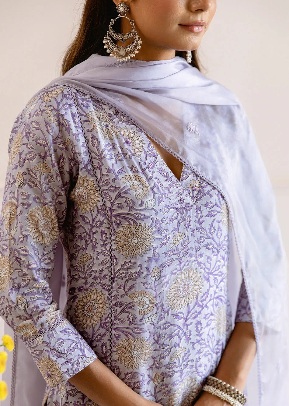 Greyish Purple Muslin Silk Collar Neck 3-Piece Kurta Set