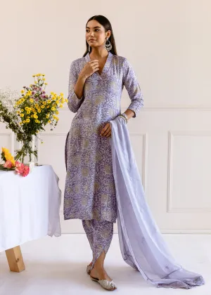 Greyish Purple Muslin Silk Collar Neck 3-Piece Kurta Set
