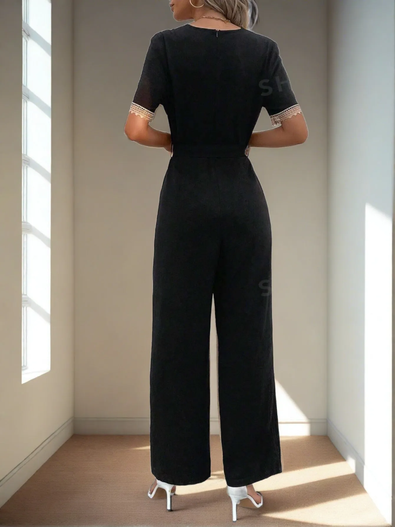 Guipure Lace Panel Slant Pocket Belted Jumpsuit