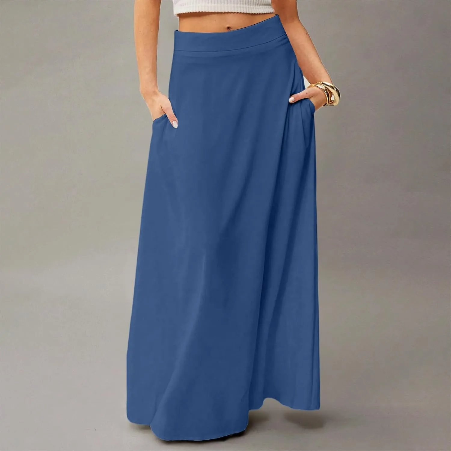 HAVUITYY Women's 2025 Bohemian Long Skirts Casual Solid Color Flowy High Waist A Line Summer Maxi Skirts for Women