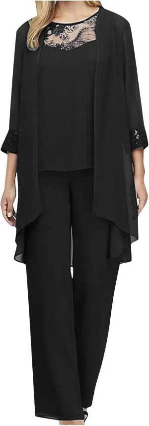 HGps8w Women 3 Pieces Mother of The Bride Pant Suits Elegant Chiffon Jacket Wedding Guest Formal Outfit Set for Evening Gown