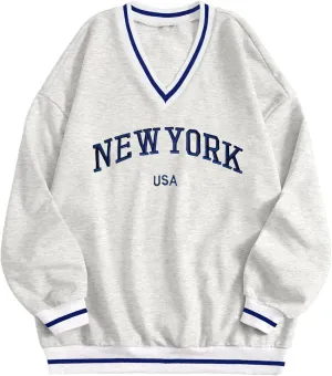 Hilinker Womens Graphic Oversized Sweatshirts V Neck Long Sleeve Pullover Tops