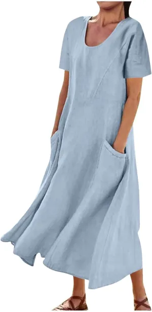 hlysgo Summer Dresses for Women 2025 Casual Cotton Linen Short Sleeve Midi Dress Flowy Beach Vacation Dress with Pockets