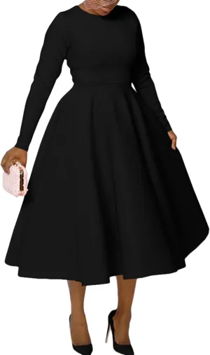 HuiSiFang Women's Pleated Dresses Casual High Waisted Solid Color Long Sleeve A Line Dresses Flare Maxi Dress