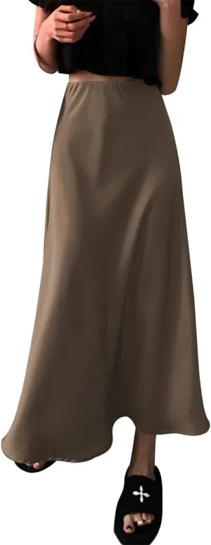 IDOPIP Women High Waist Satin Skirt Elegant Summer Long Maxi Skirt Formal Trendy Ruffle Work Skirts Elastic Casual Midi Skirt