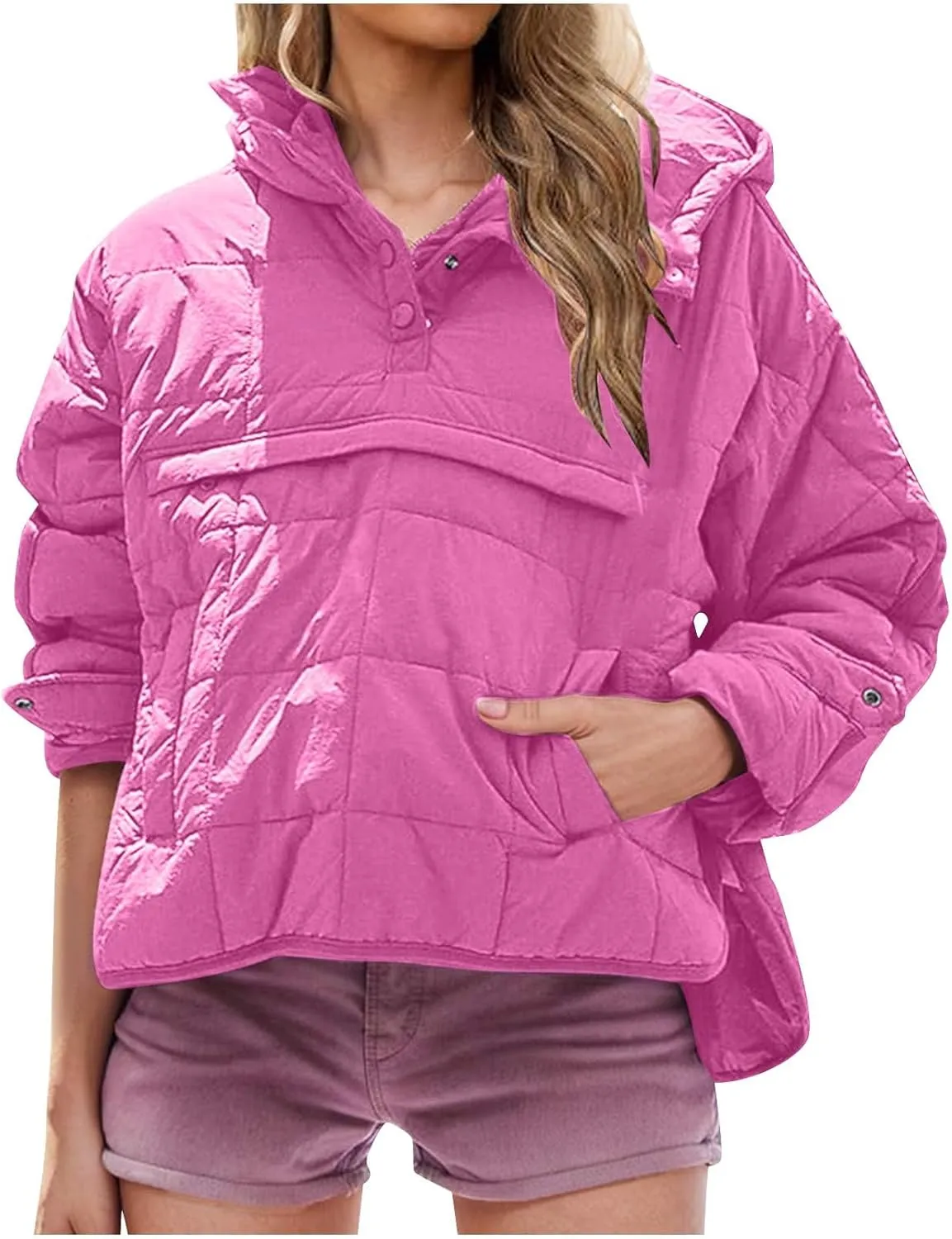 Jackets for Women Oversized Puffer Jacket Lightweight Long Sleeve Warm Quilted Pullover Winter Coat with Pockets
