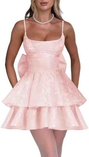 Jacquard Floral Satin Short Prom Dress Spaghetti Straps Puffy Mini Cocktail Party Gowns with Bow Back