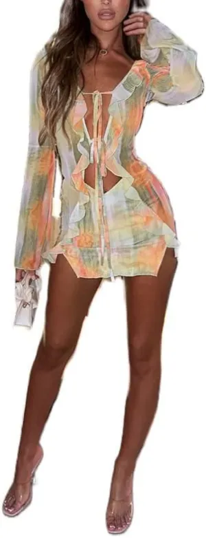 Juakoso Women's Ruffle Low Cut Mini Dress Sexy Cutout See Through Slim Fit Short Dress Tie Dye Lace Up Beach Sundress