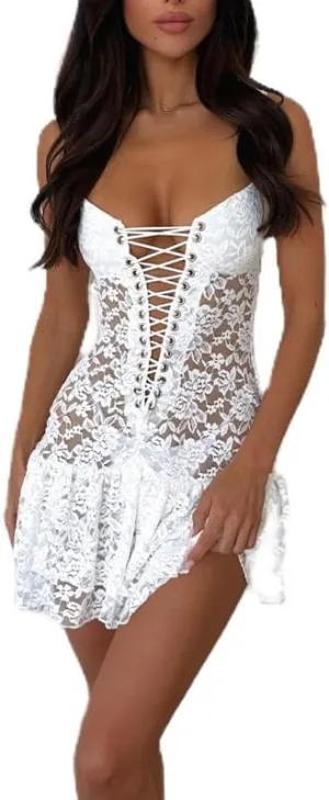Juakoso Women's Ruffle Low Cut Mini Dress Sexy Cutout See Through Slim Fit Short Dress Tie Dye Lace Up Beach Sundress
