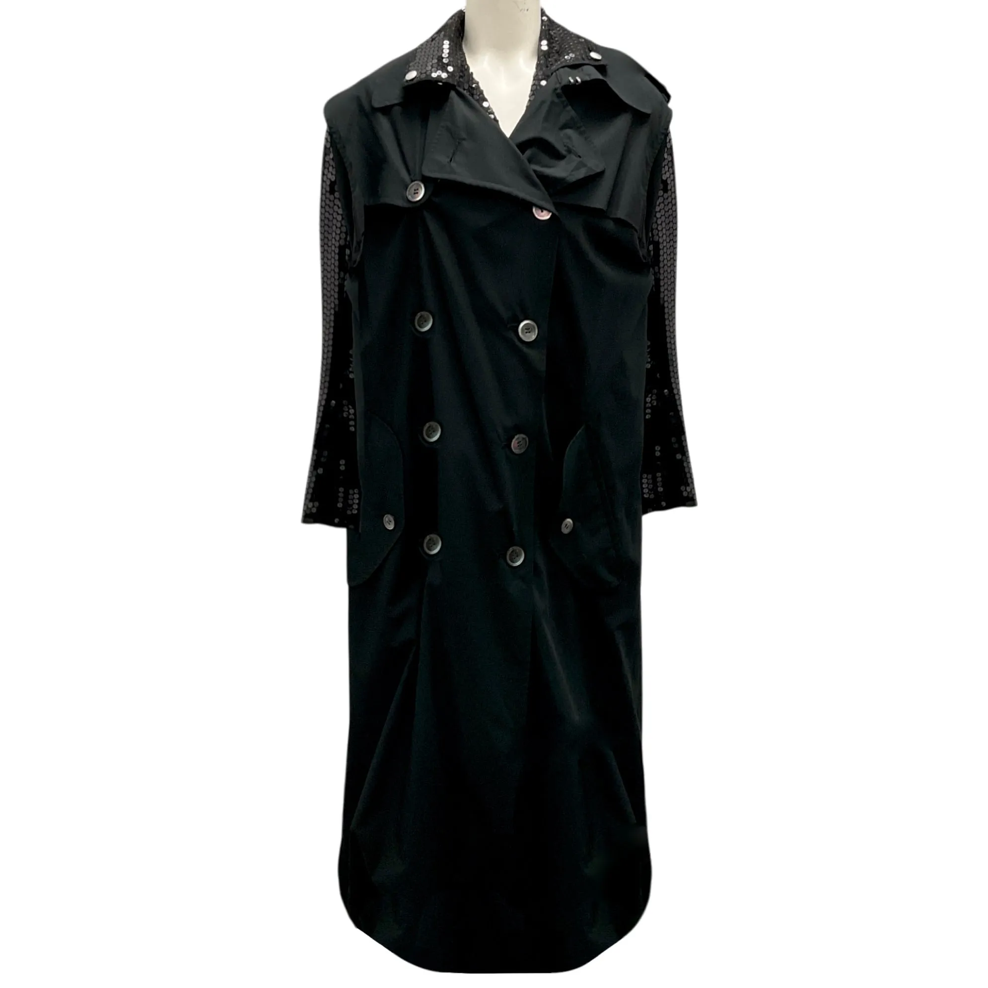 Junya Watanabe Comme des Garcons Black Sequined Double Breasted Cotton Trench Coat