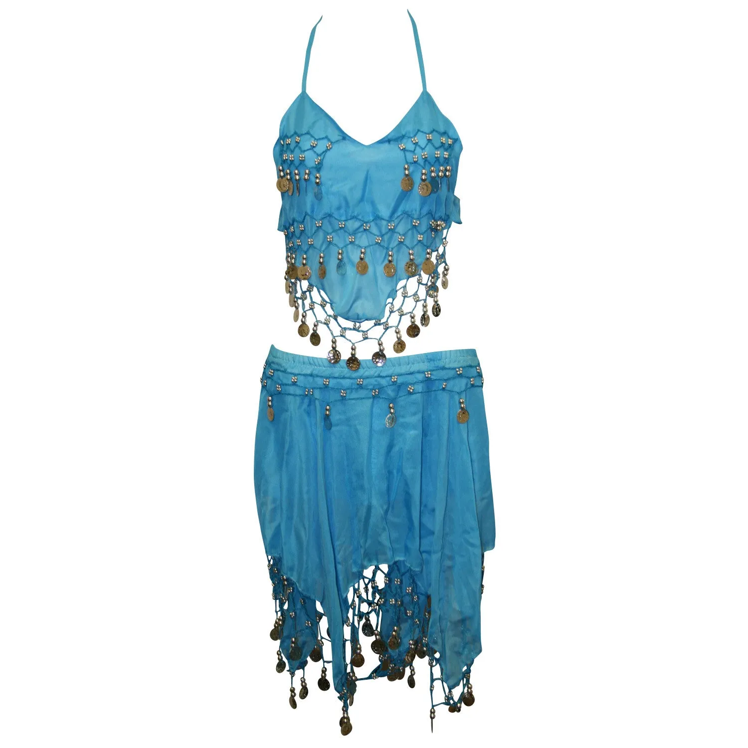 Kids Professional Belly Dance Halter top & Skirt Costume with Silver Coins
