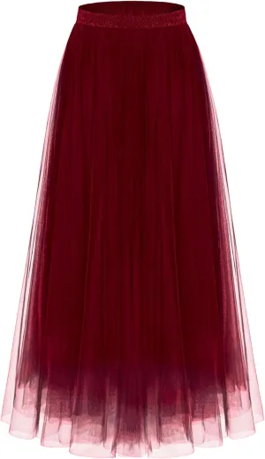 Kingfancy Women's Winter Skirts 2 Layered Tulle Tiered Long Skirts Elastic Waist A-Line Midi Skirts
