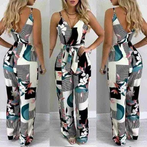 Ladies Elegant Summer Floral Strapped V-Neck Jumpsuit