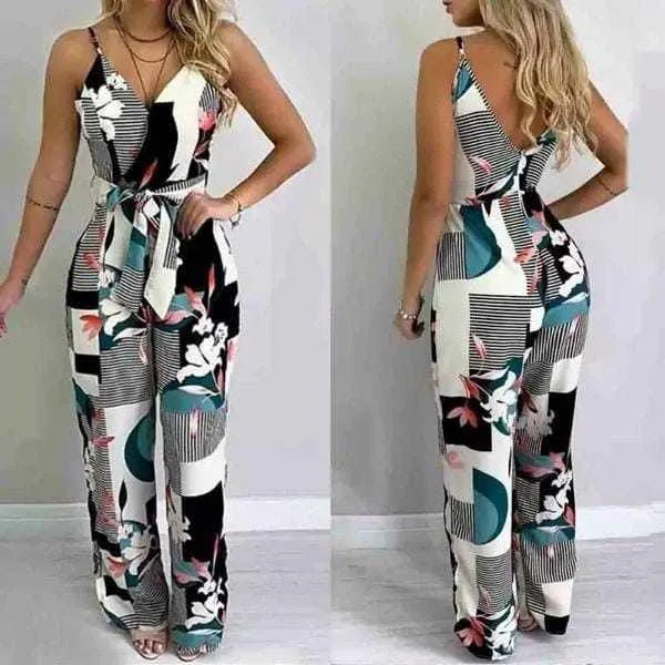 Ladies Elegant Summer Floral Strapped V-Neck Jumpsuit