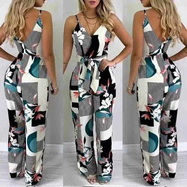 Ladies Elegant Summer Floral Strapped V-Neck Jumpsuit