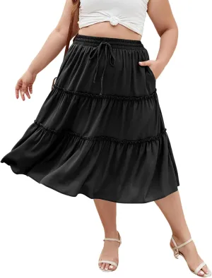 LALAGEN Womens Plus Size Boho Midi Skirt Elastic High Waist Summer Flowy A Line Long Midi Skirt with Pockets