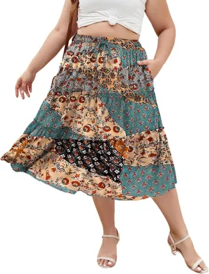 LALAGEN Womens Plus Size Boho Midi Skirt Elastic High Waist Summer Flowy A Line Long Midi Skirt with Pockets