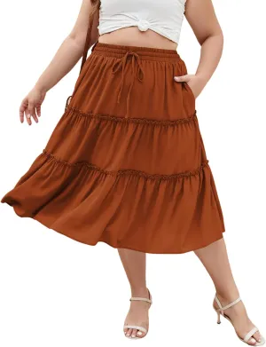 LALAGEN Womens Plus Size Boho Midi Skirt Elastic High Waist Summer Flowy A Line Long Midi Skirt with Pockets