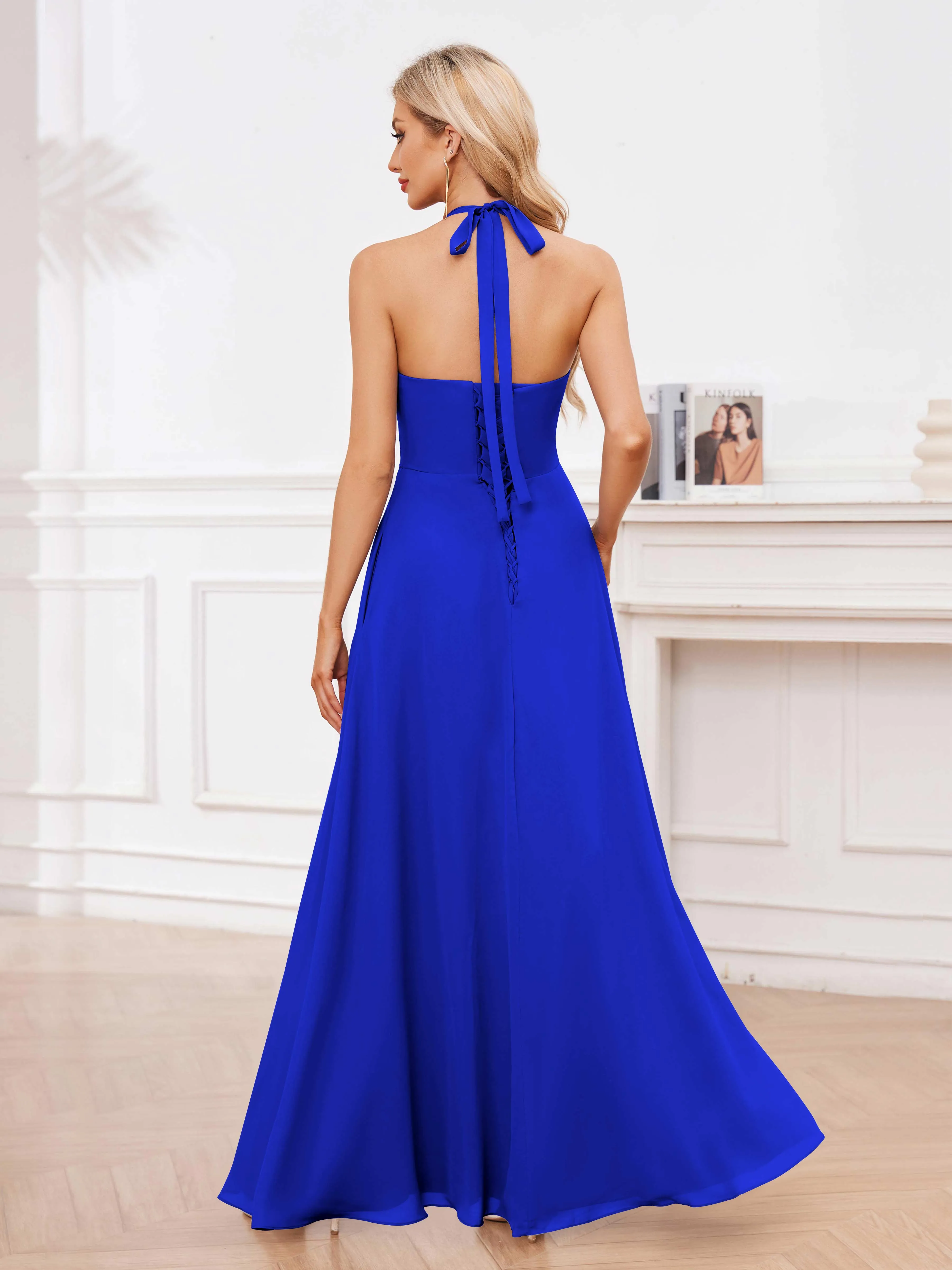 Lennox Stylish Halter Ruffles Floor Length Chiffon Bridesmaid Dresses