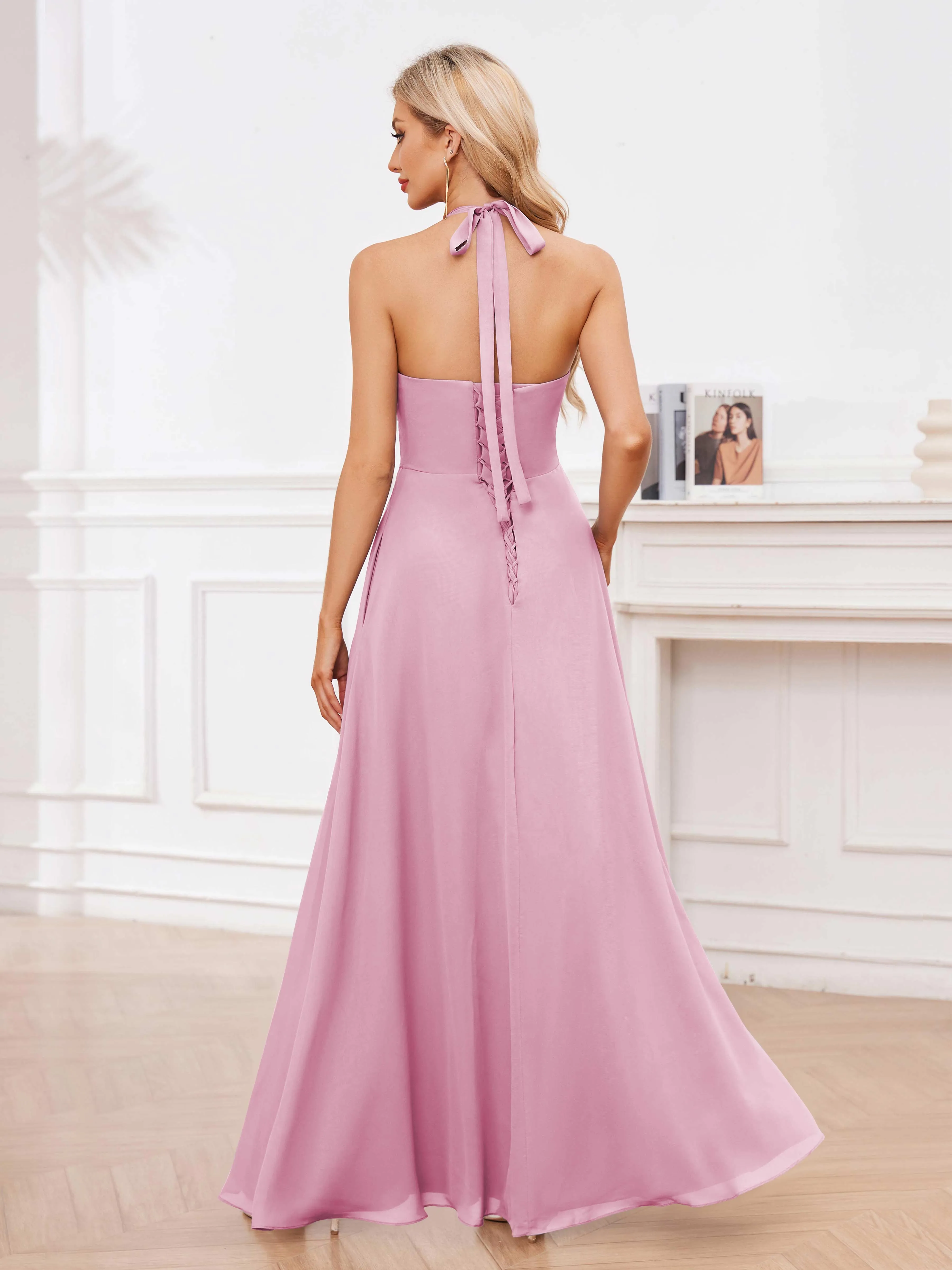 Lennox Stylish Halter Ruffles Floor Length Chiffon Bridesmaid Dresses