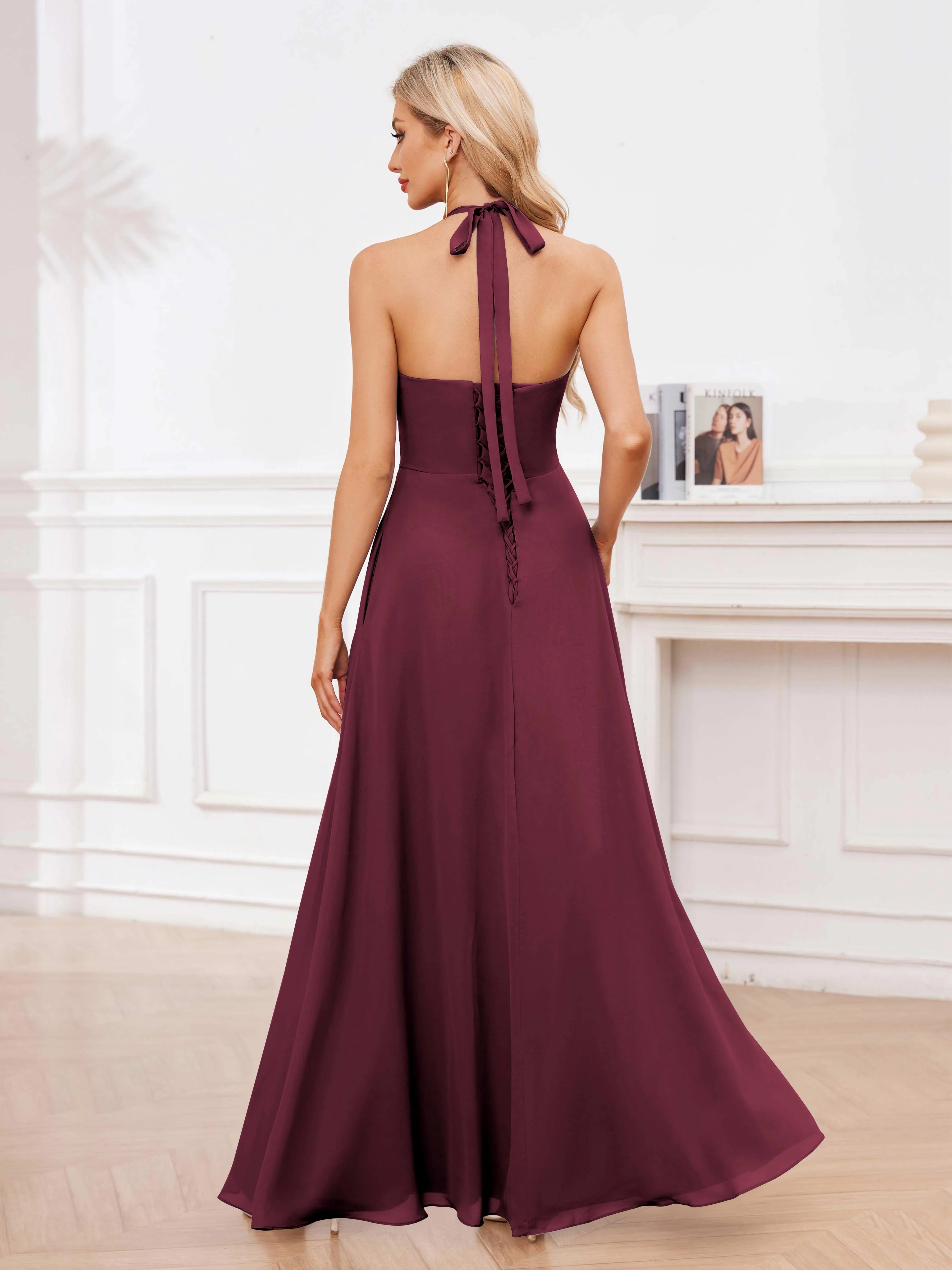 Lennox Stylish Halter Ruffles Floor Length Chiffon Bridesmaid Dresses