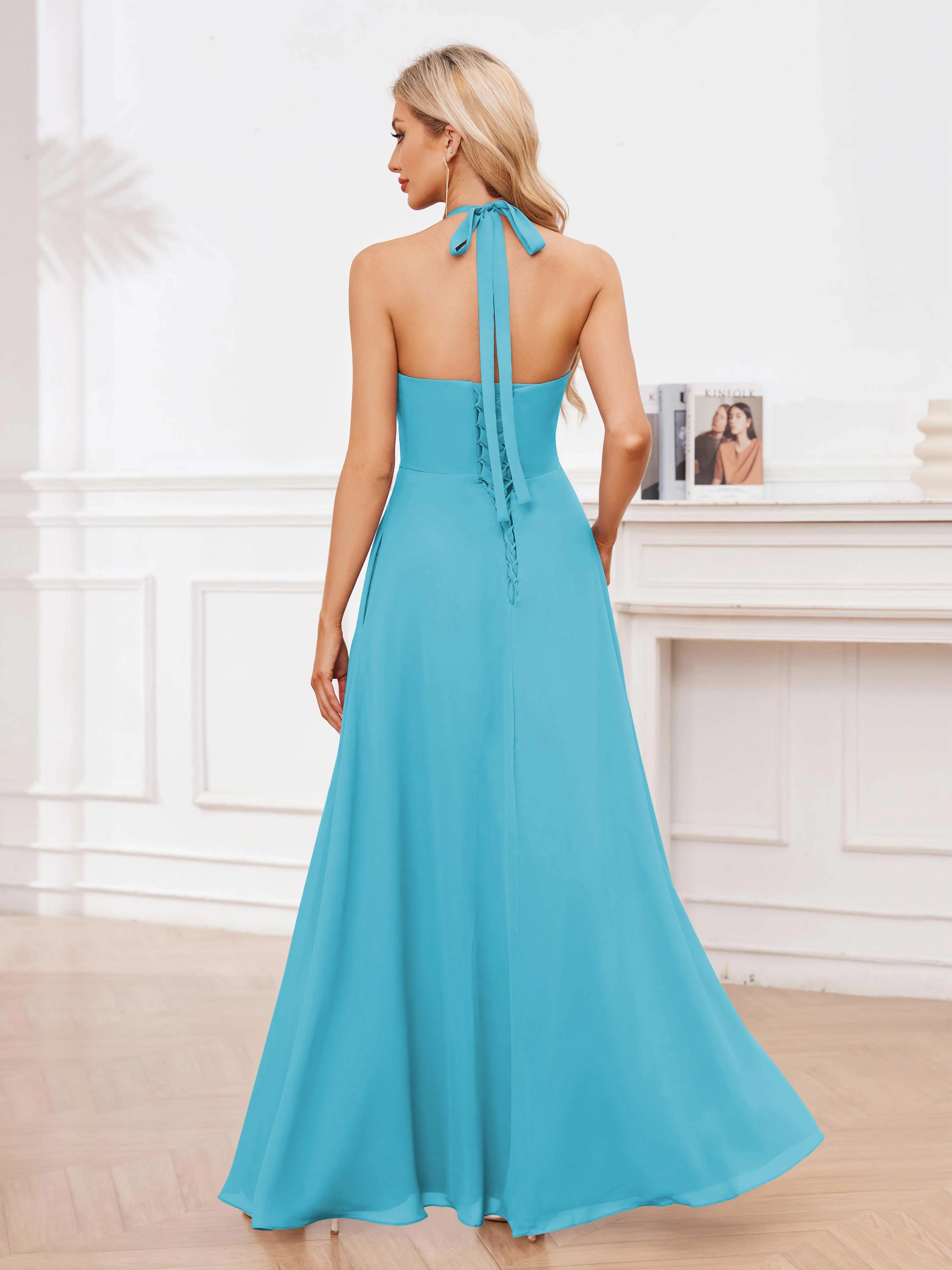 Lennox Stylish Halter Ruffles Floor Length Chiffon Bridesmaid Dresses