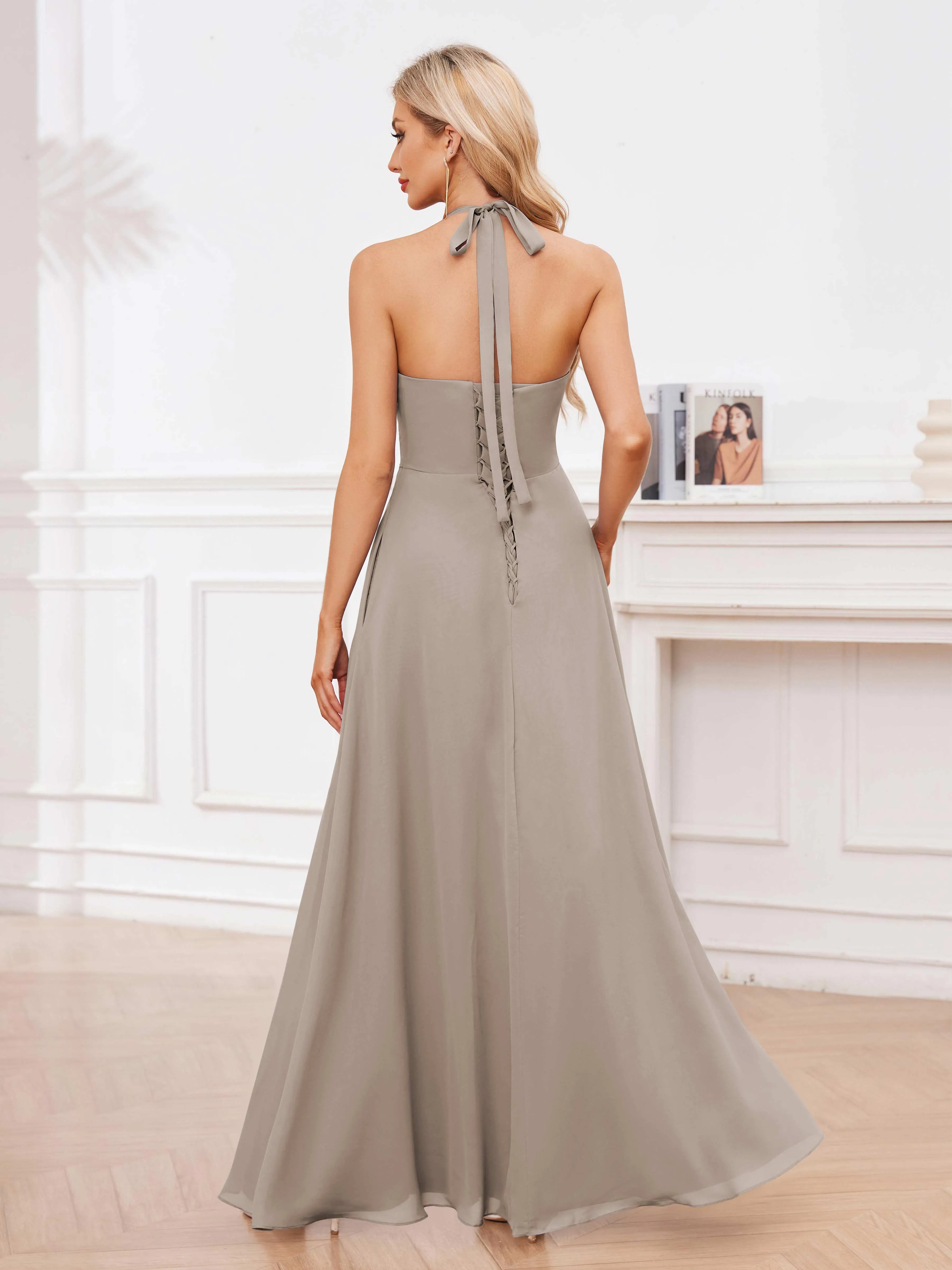 Lennox Stylish Halter Ruffles Floor Length Chiffon Bridesmaid Dresses