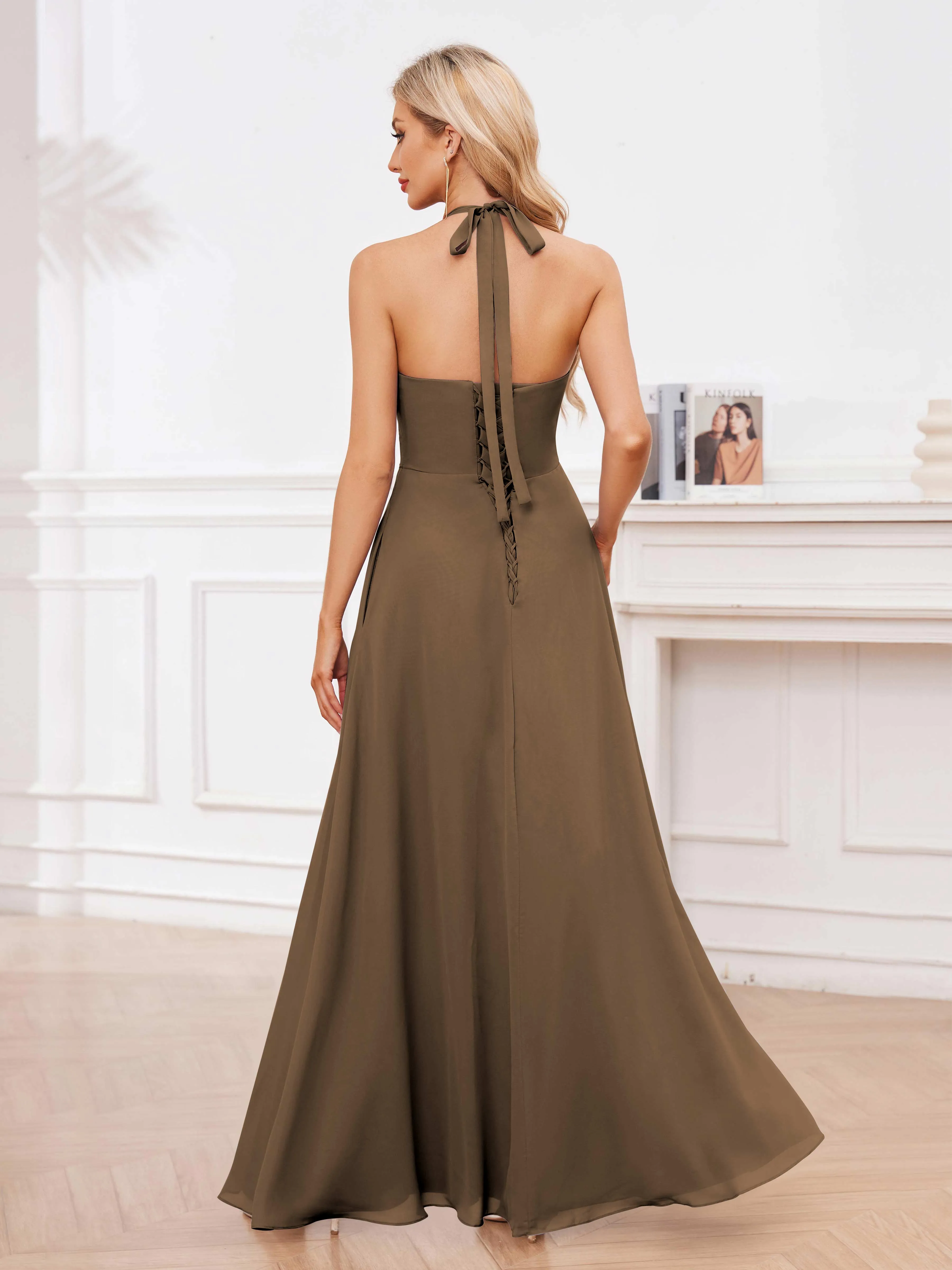 Lennox Stylish Halter Ruffles Floor Length Chiffon Bridesmaid Dresses