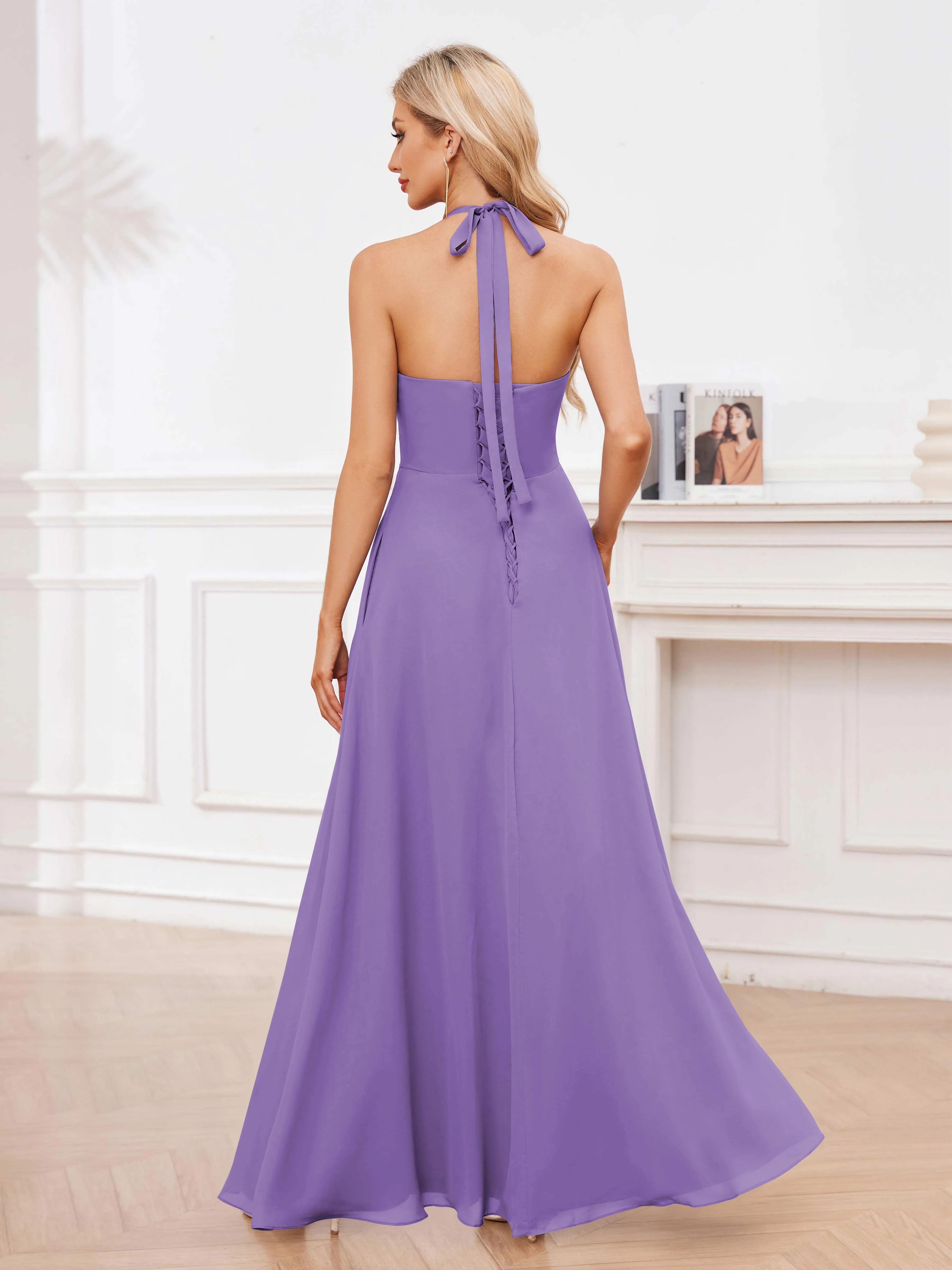 Lennox Stylish Halter Ruffles Floor Length Chiffon Bridesmaid Dresses
