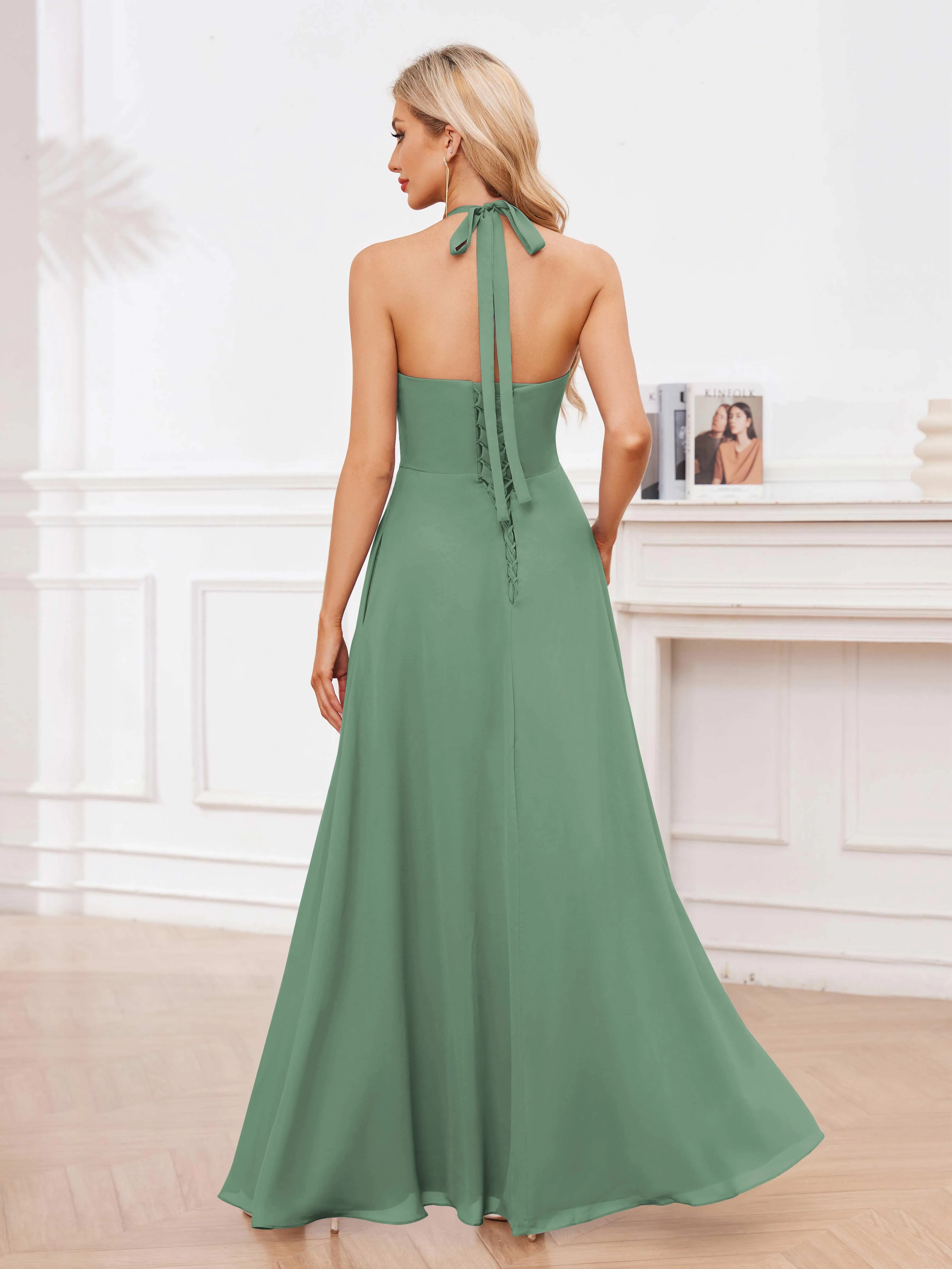 Lennox Stylish Halter Ruffles Floor Length Chiffon Bridesmaid Dresses