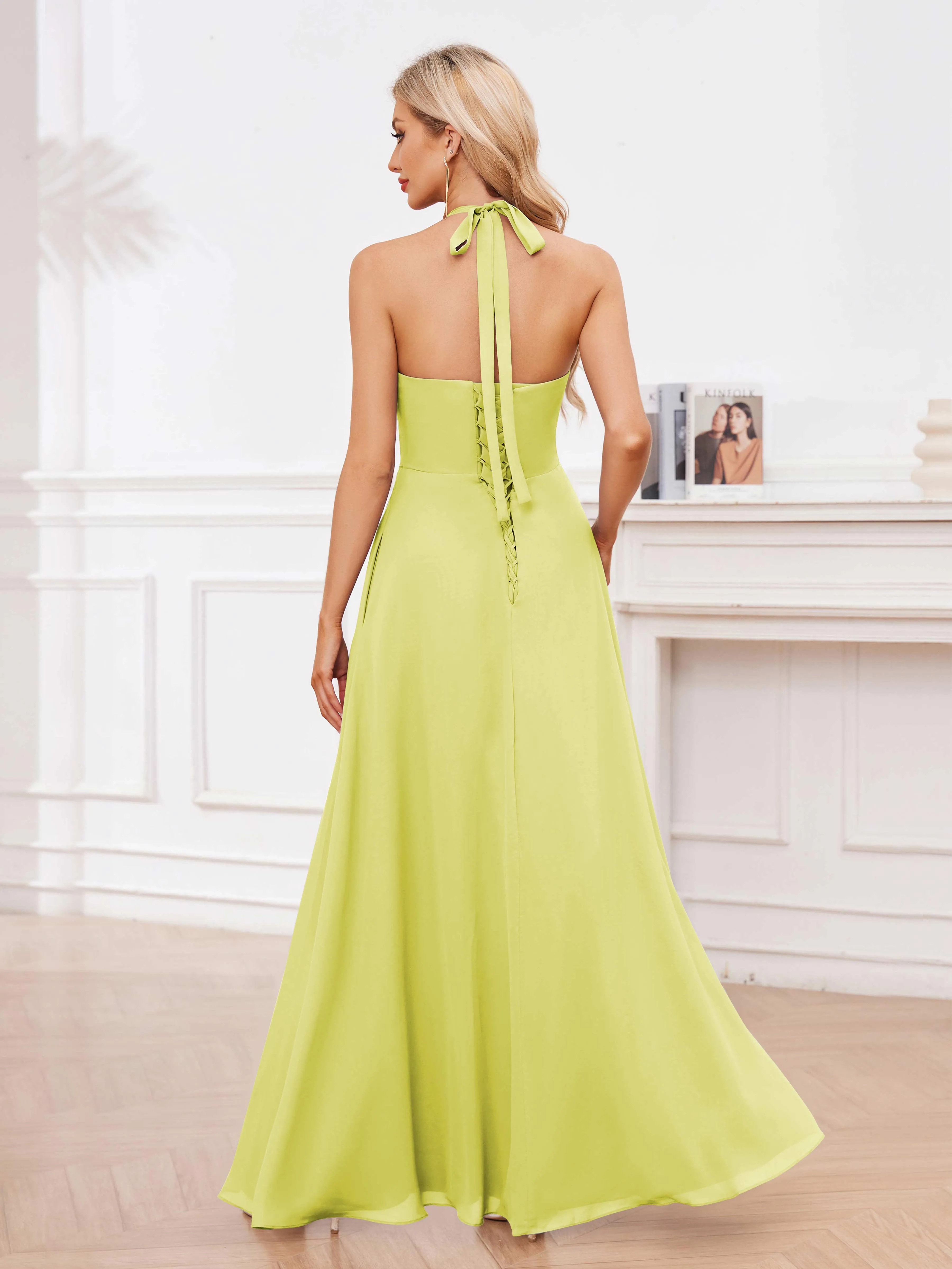 Lennox Stylish Halter Ruffles Floor Length Chiffon Bridesmaid Dresses