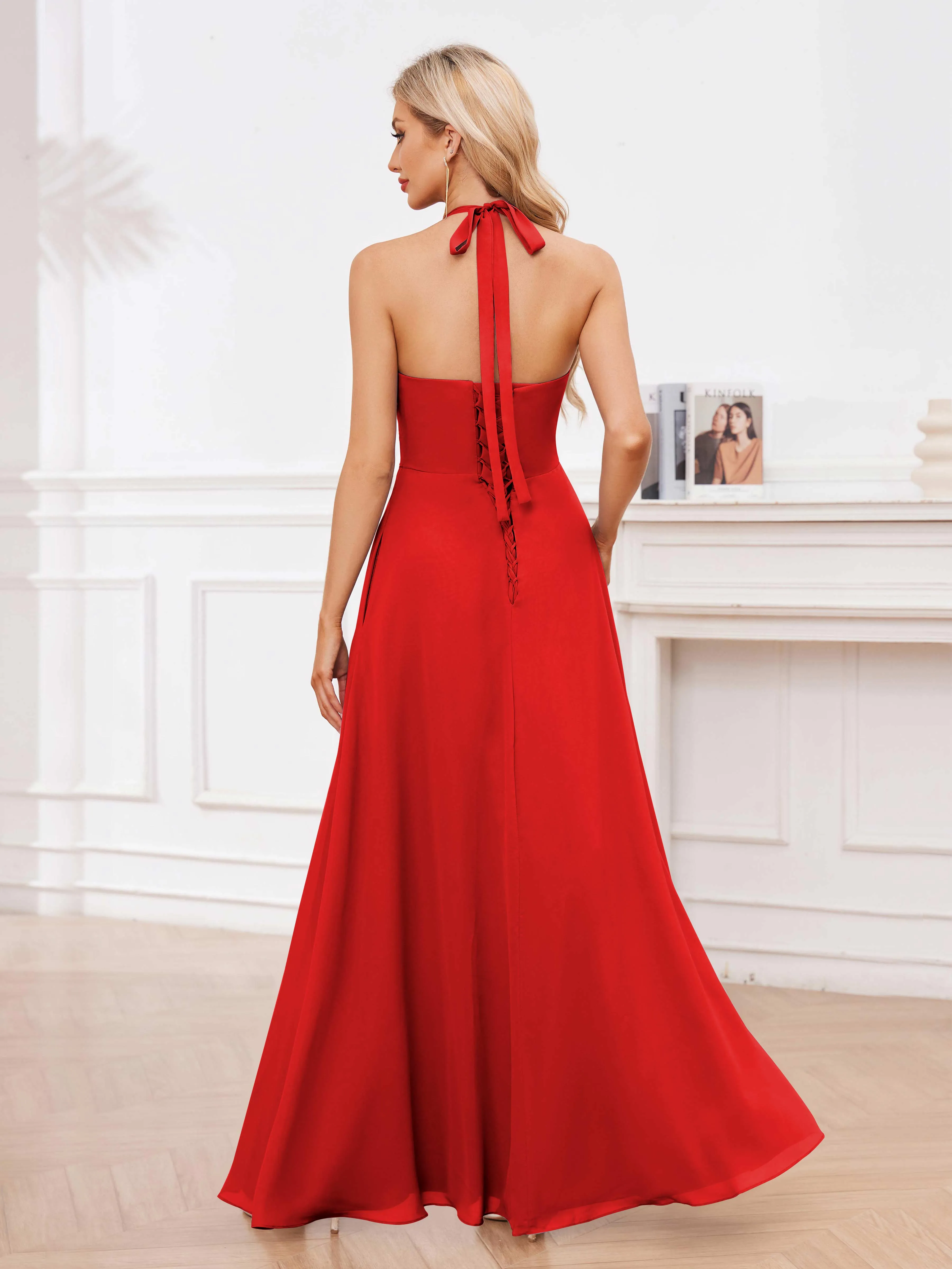 Lennox Stylish Halter Ruffles Floor Length Chiffon Bridesmaid Dresses