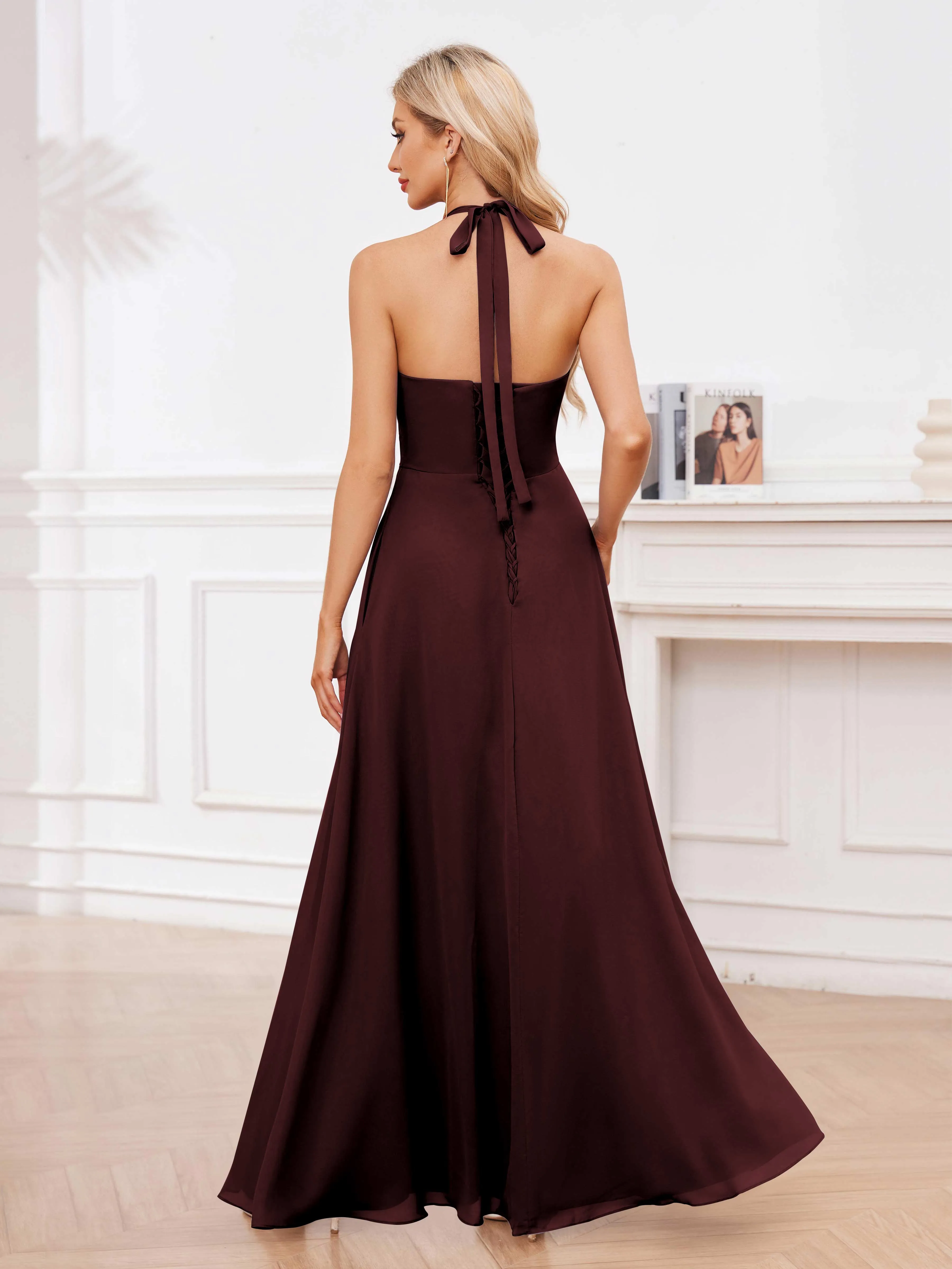 Lennox Stylish Halter Ruffles Floor Length Chiffon Bridesmaid Dresses