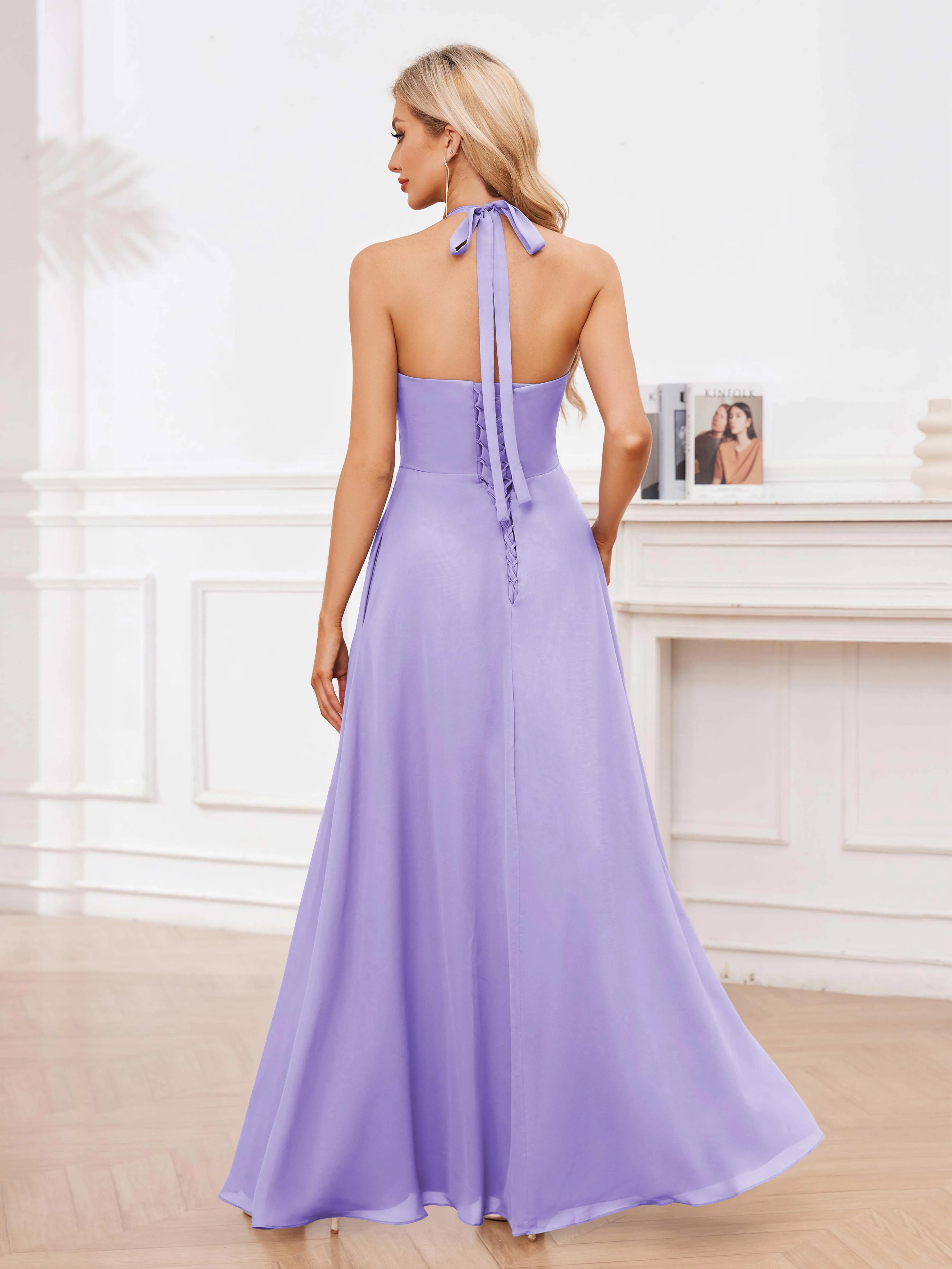 Lennox Stylish Halter Ruffles Floor Length Chiffon Bridesmaid Dresses