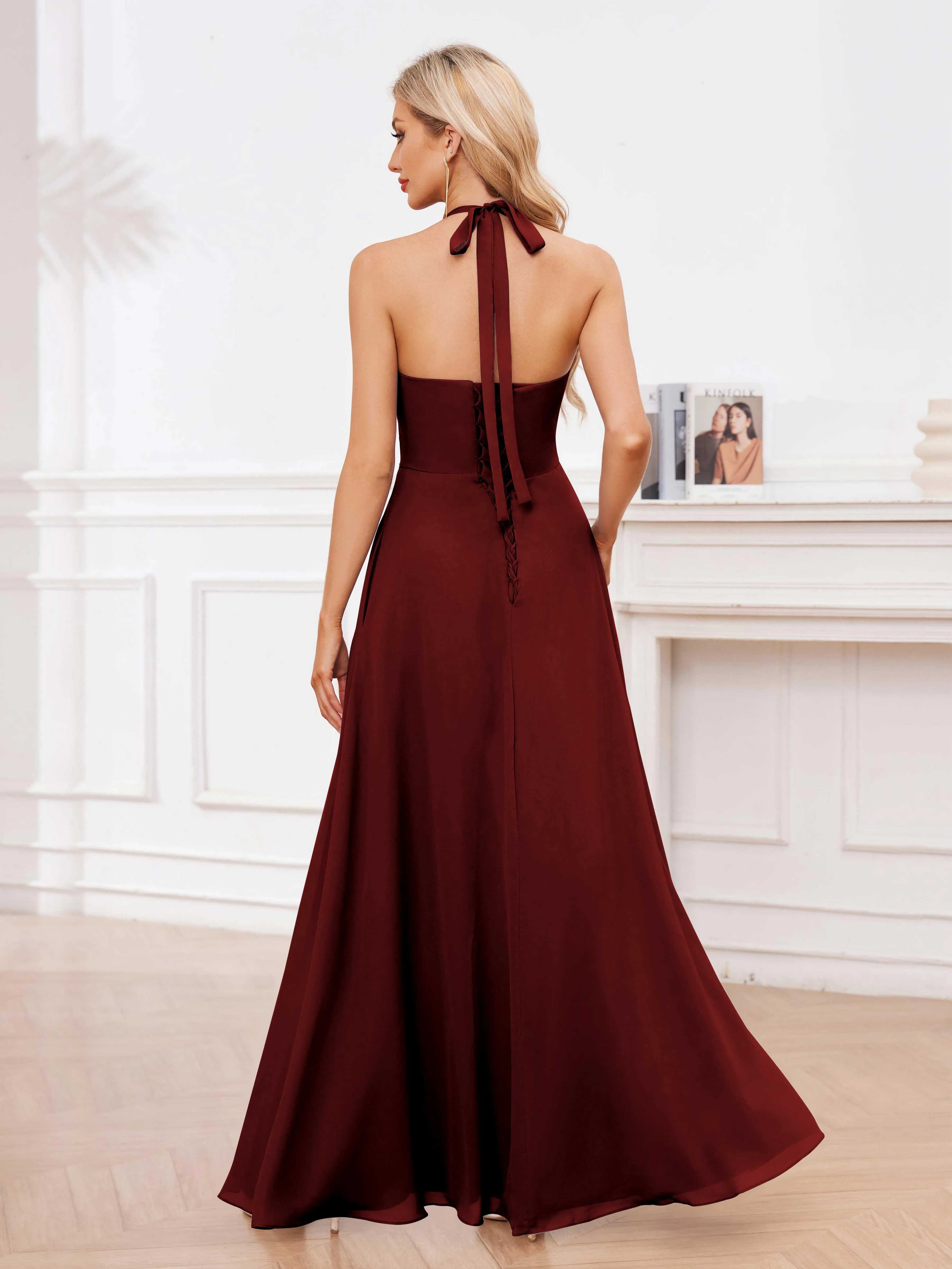 Lennox Stylish Halter Ruffles Floor Length Chiffon Bridesmaid Dresses