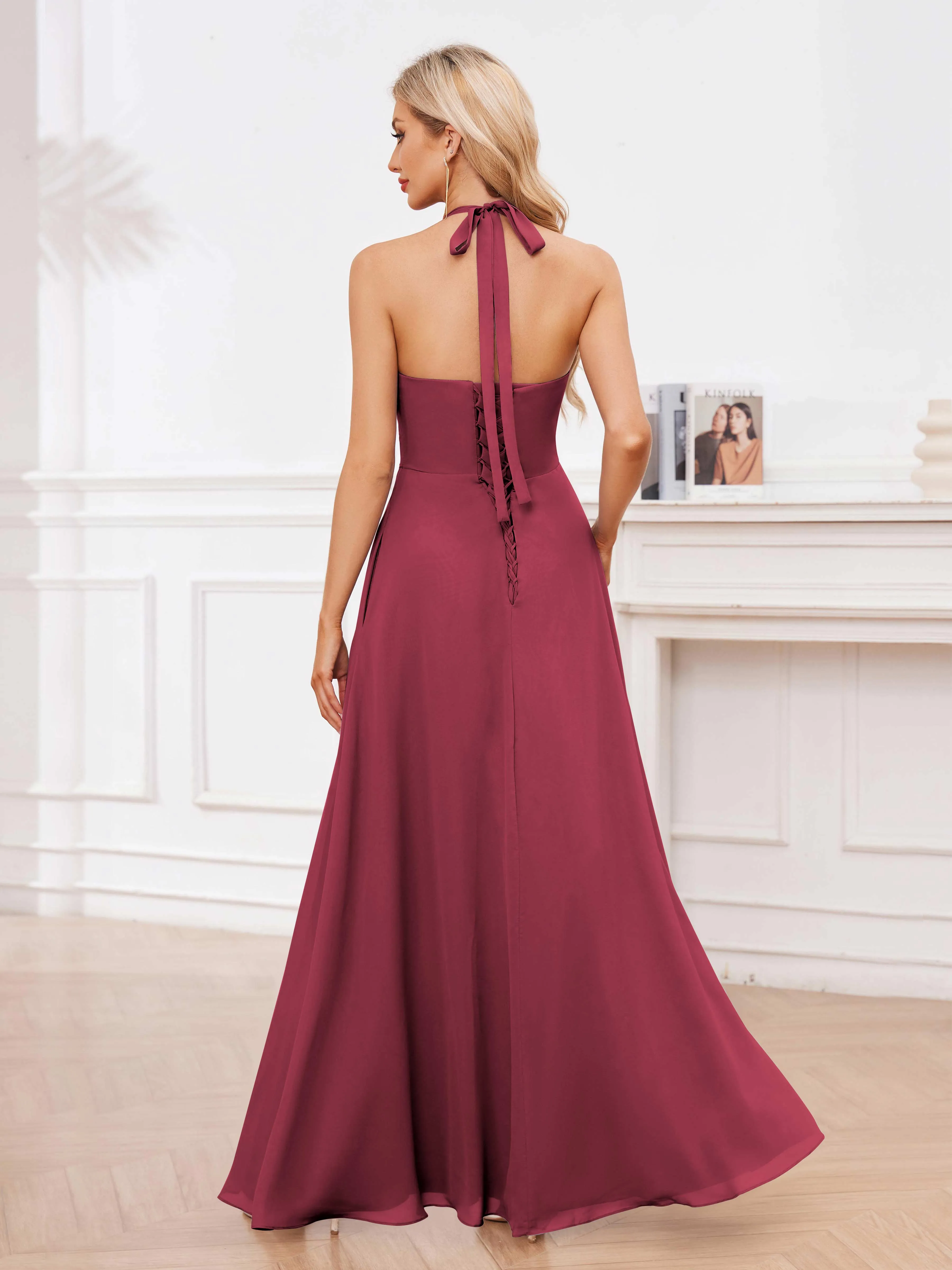 Lennox Stylish Halter Ruffles Floor Length Chiffon Bridesmaid Dresses