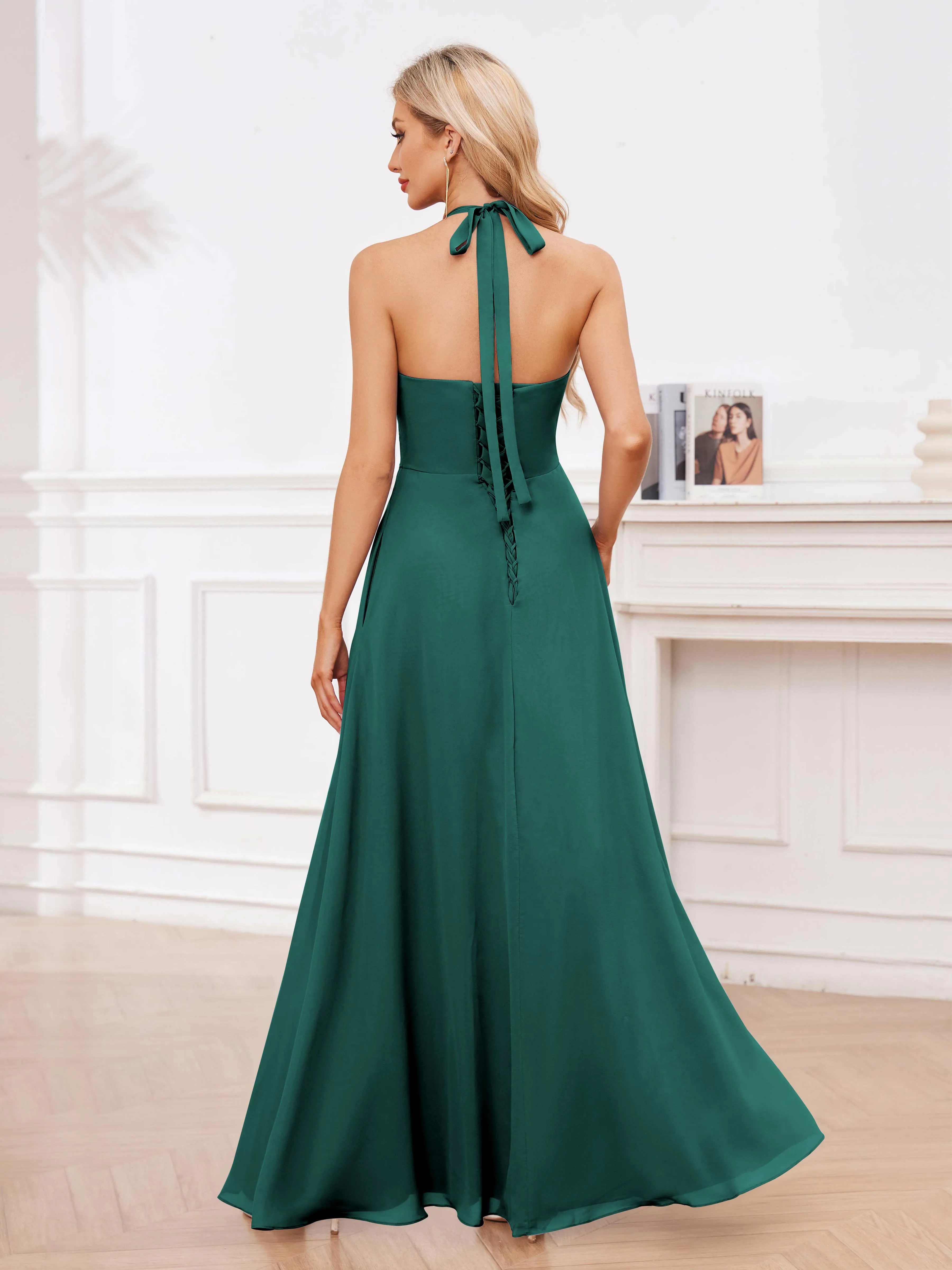 Lennox Stylish Halter Ruffles Floor Length Chiffon Bridesmaid Dresses