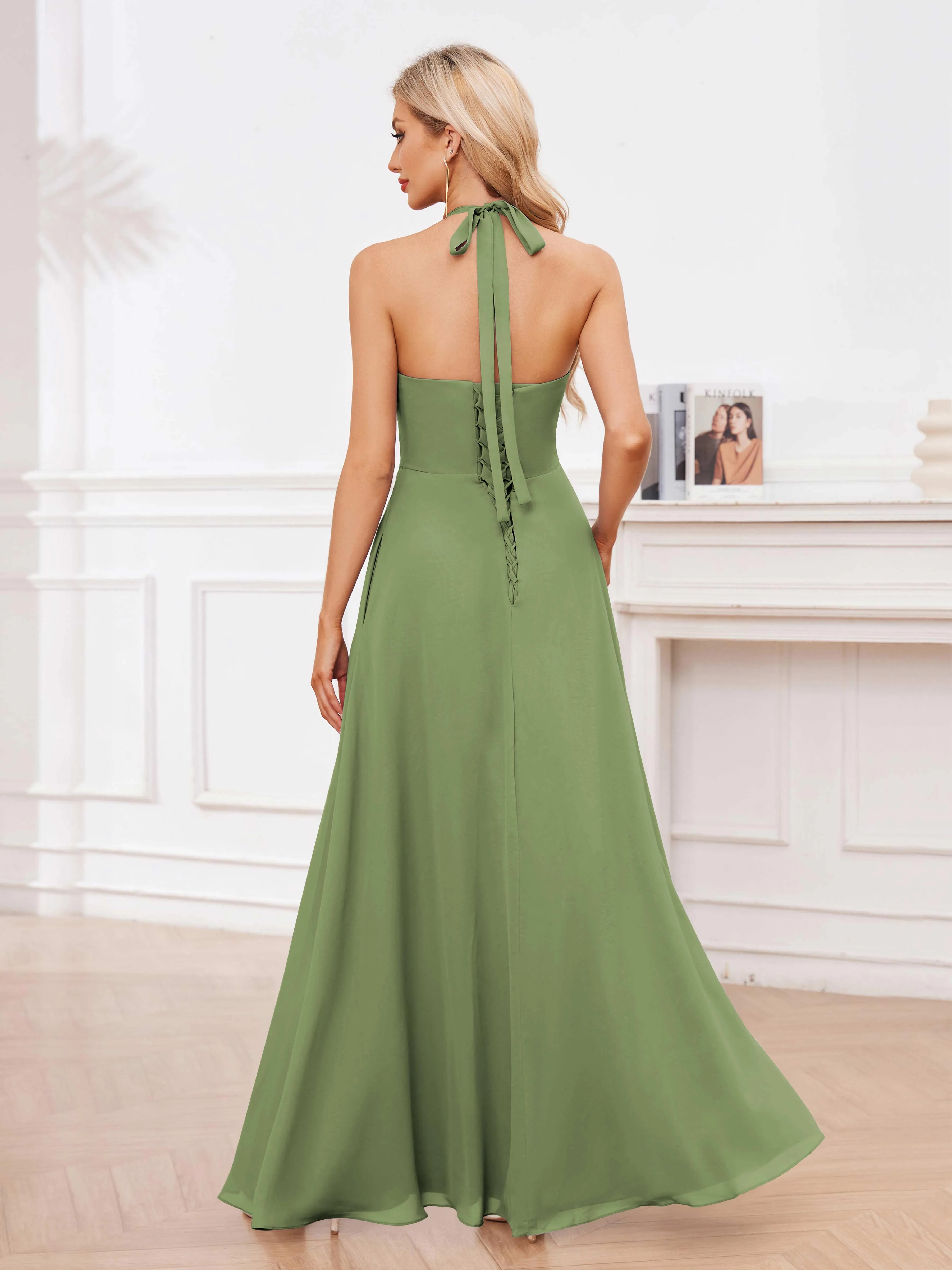 Lennox Stylish Halter Ruffles Floor Length Chiffon Bridesmaid Dresses