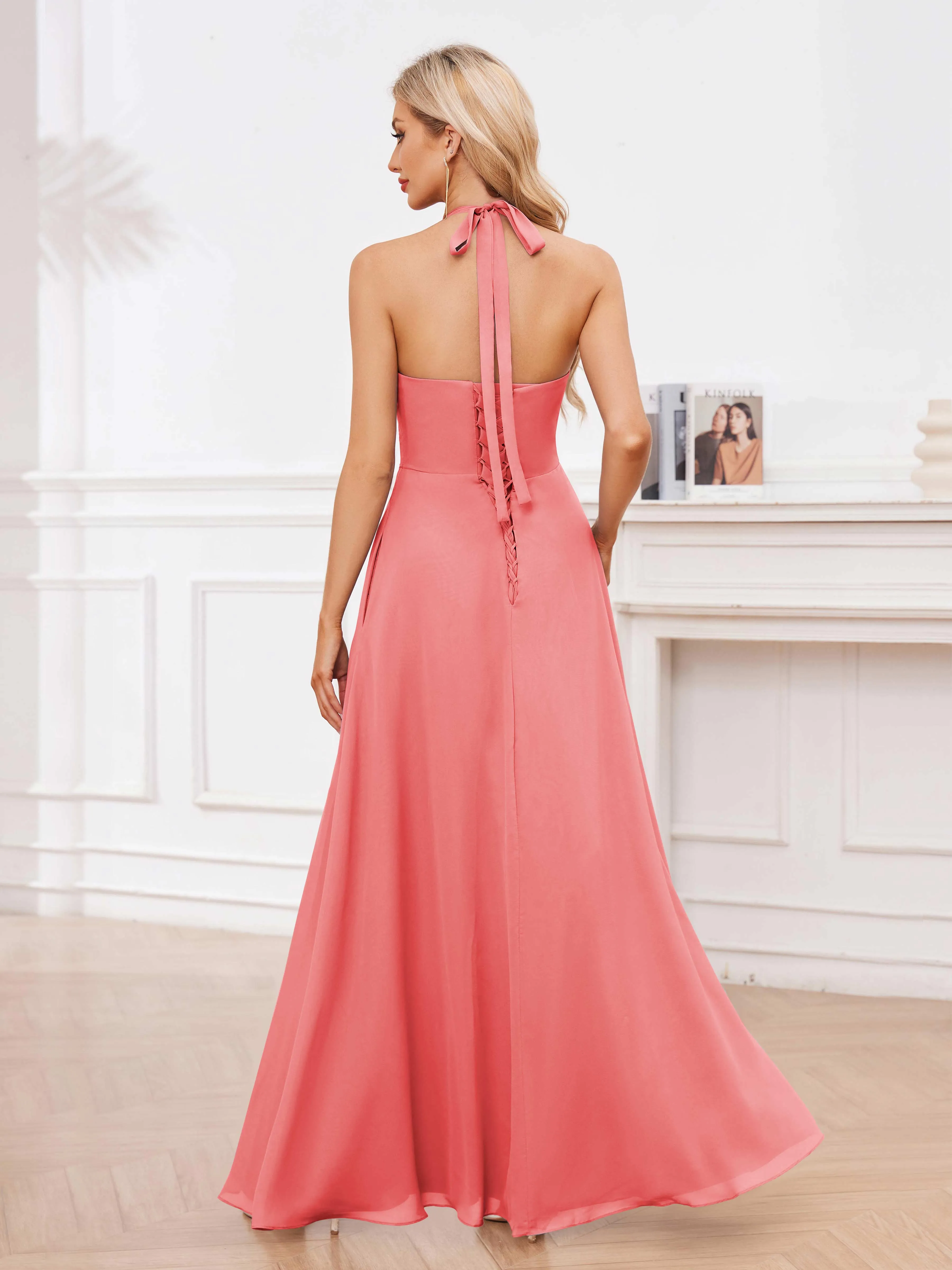 Lennox Stylish Halter Ruffles Floor Length Chiffon Bridesmaid Dresses