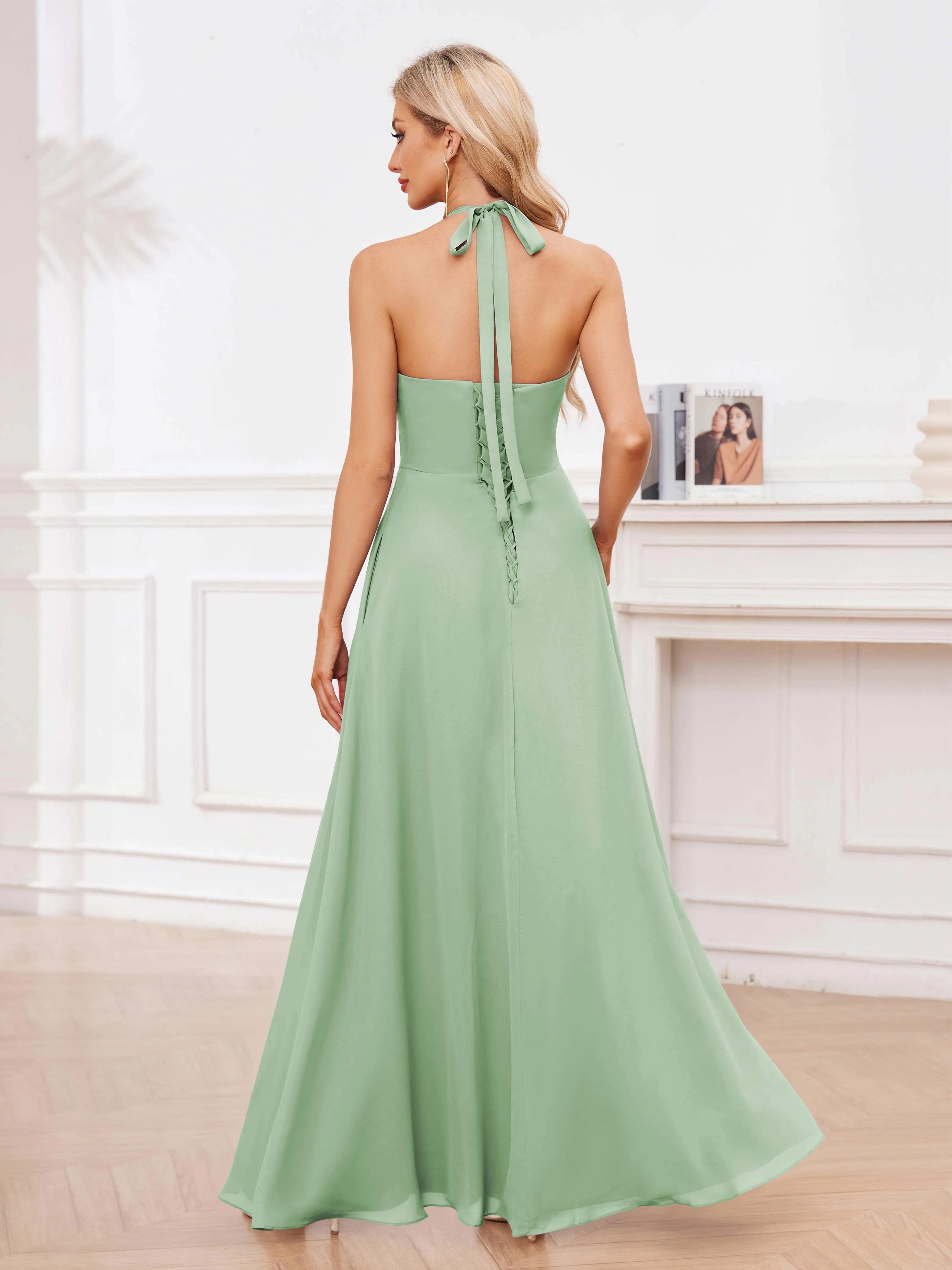 Lennox Stylish Halter Ruffles Floor Length Chiffon Bridesmaid Dresses