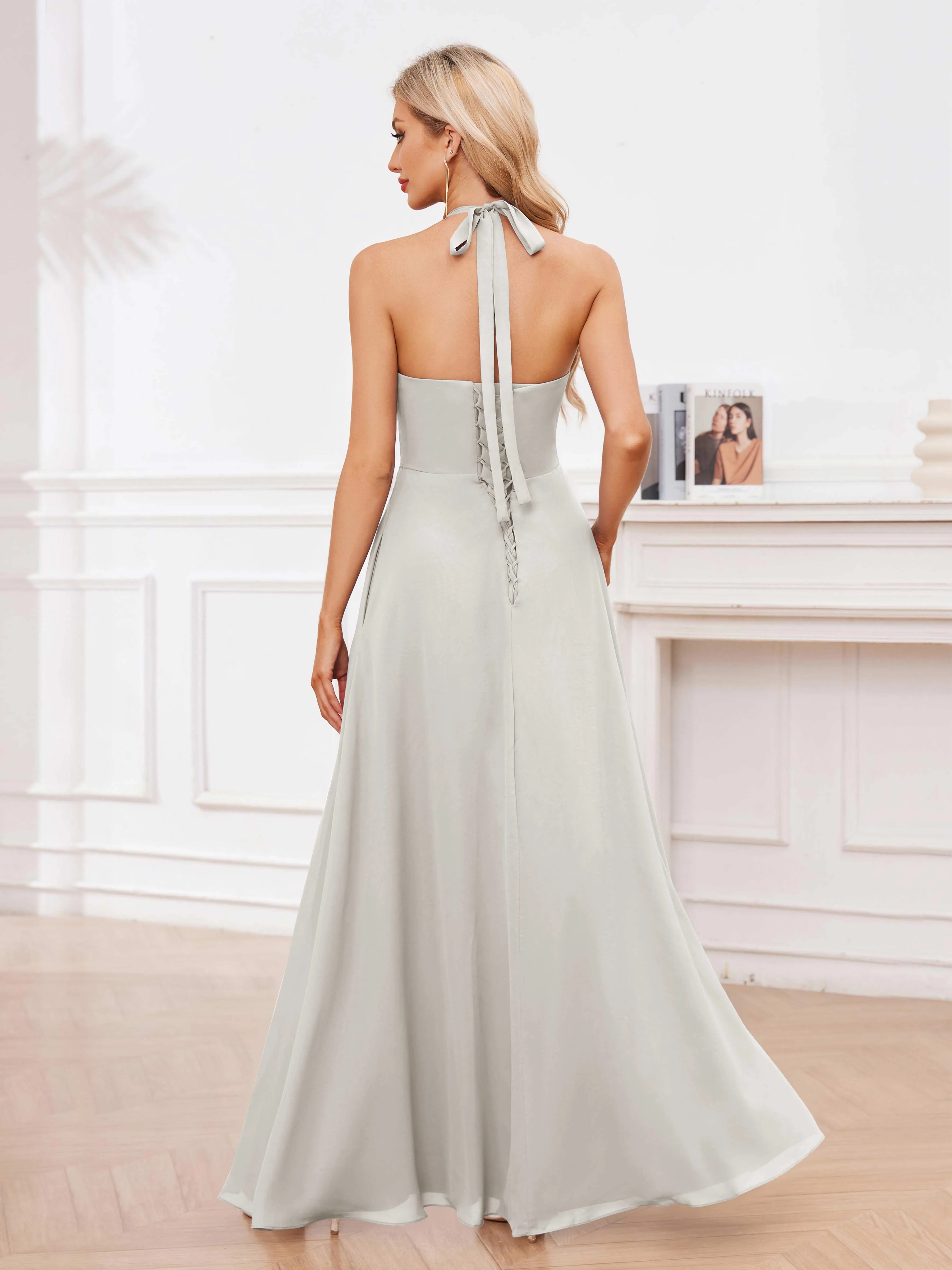 Lennox Stylish Halter Ruffles Floor Length Chiffon Bridesmaid Dresses