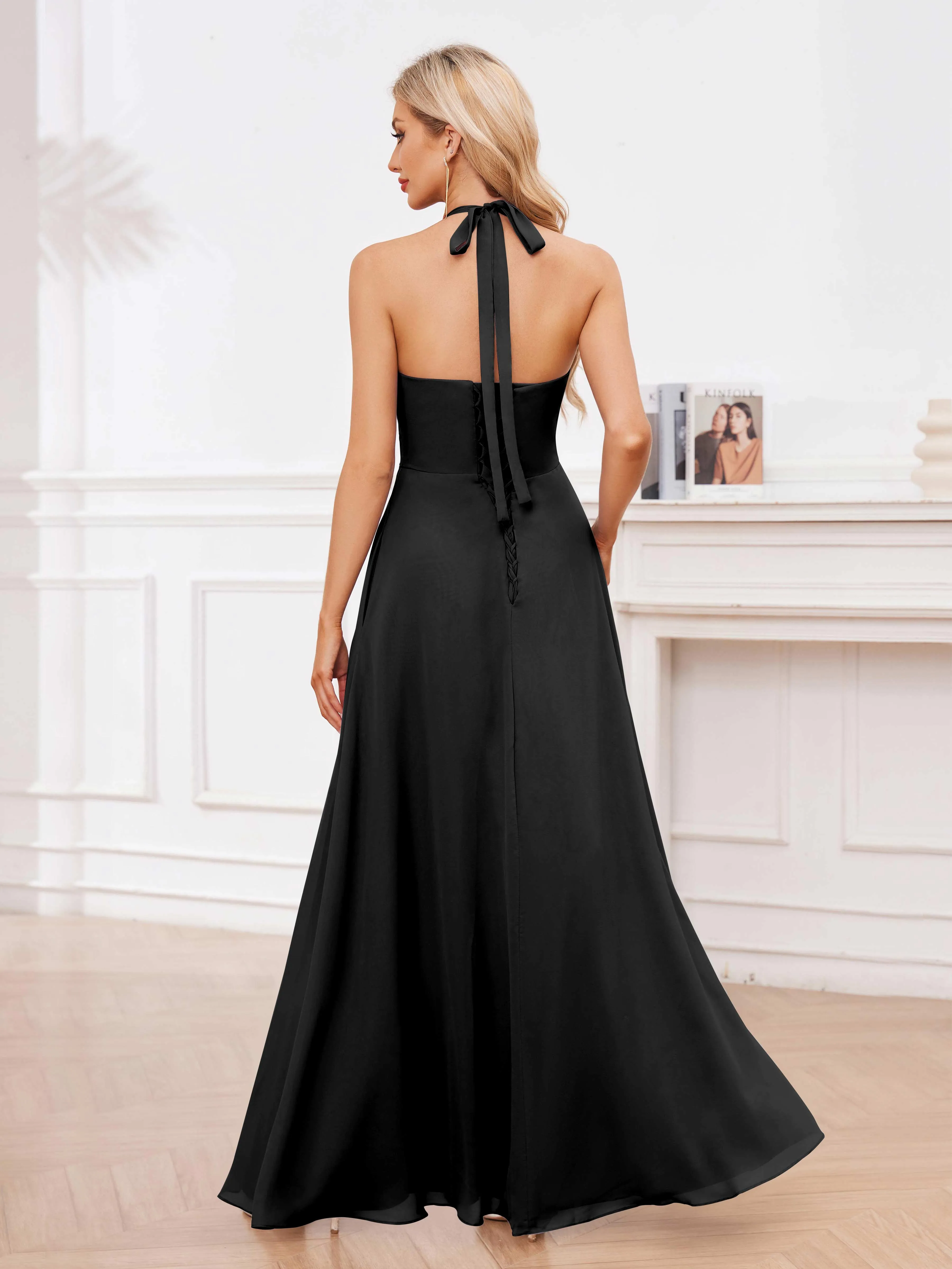 Lennox Stylish Halter Ruffles Floor Length Chiffon Bridesmaid Dresses