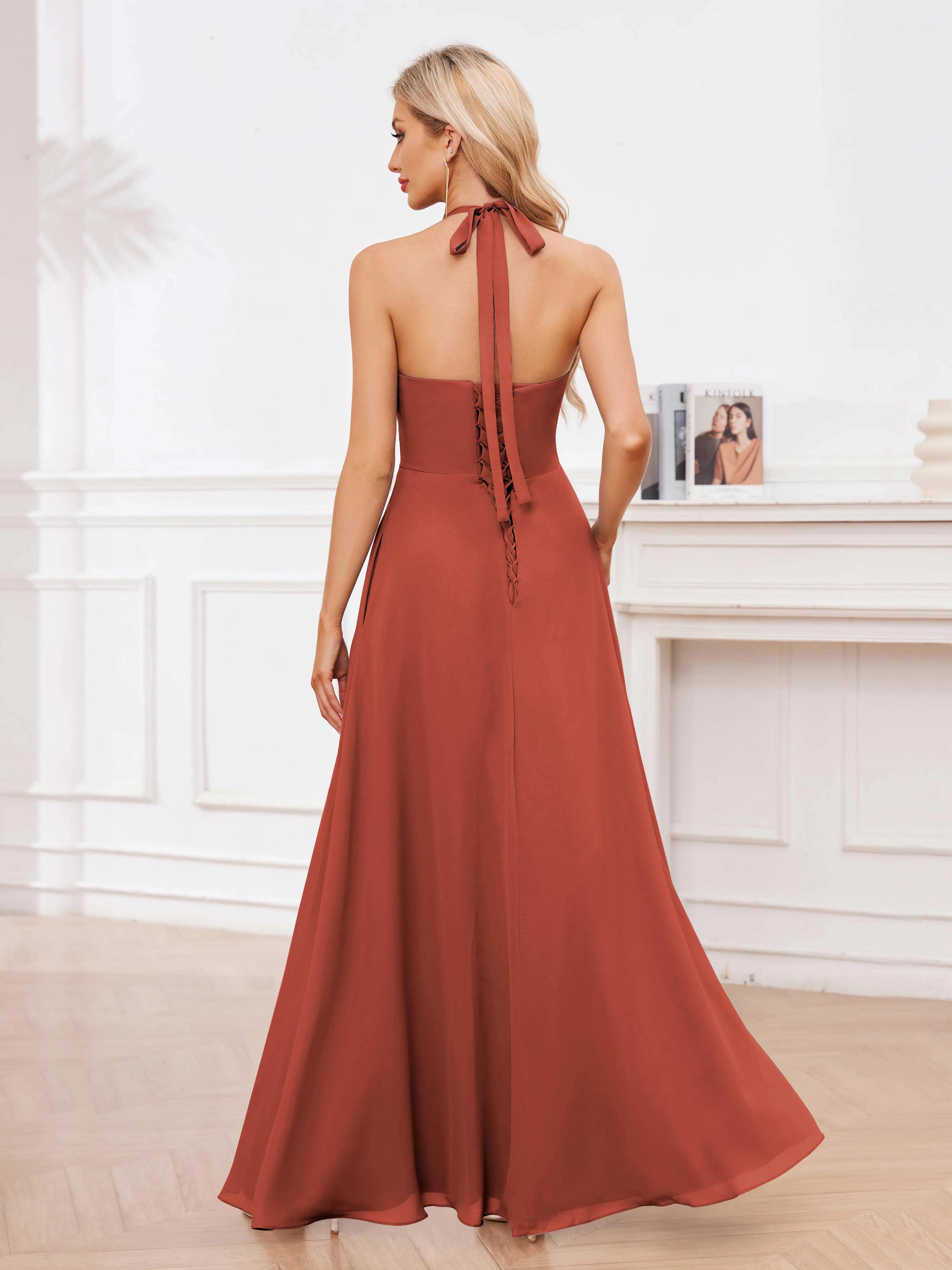 Lennox Stylish Halter Ruffles Floor Length Chiffon Bridesmaid Dresses